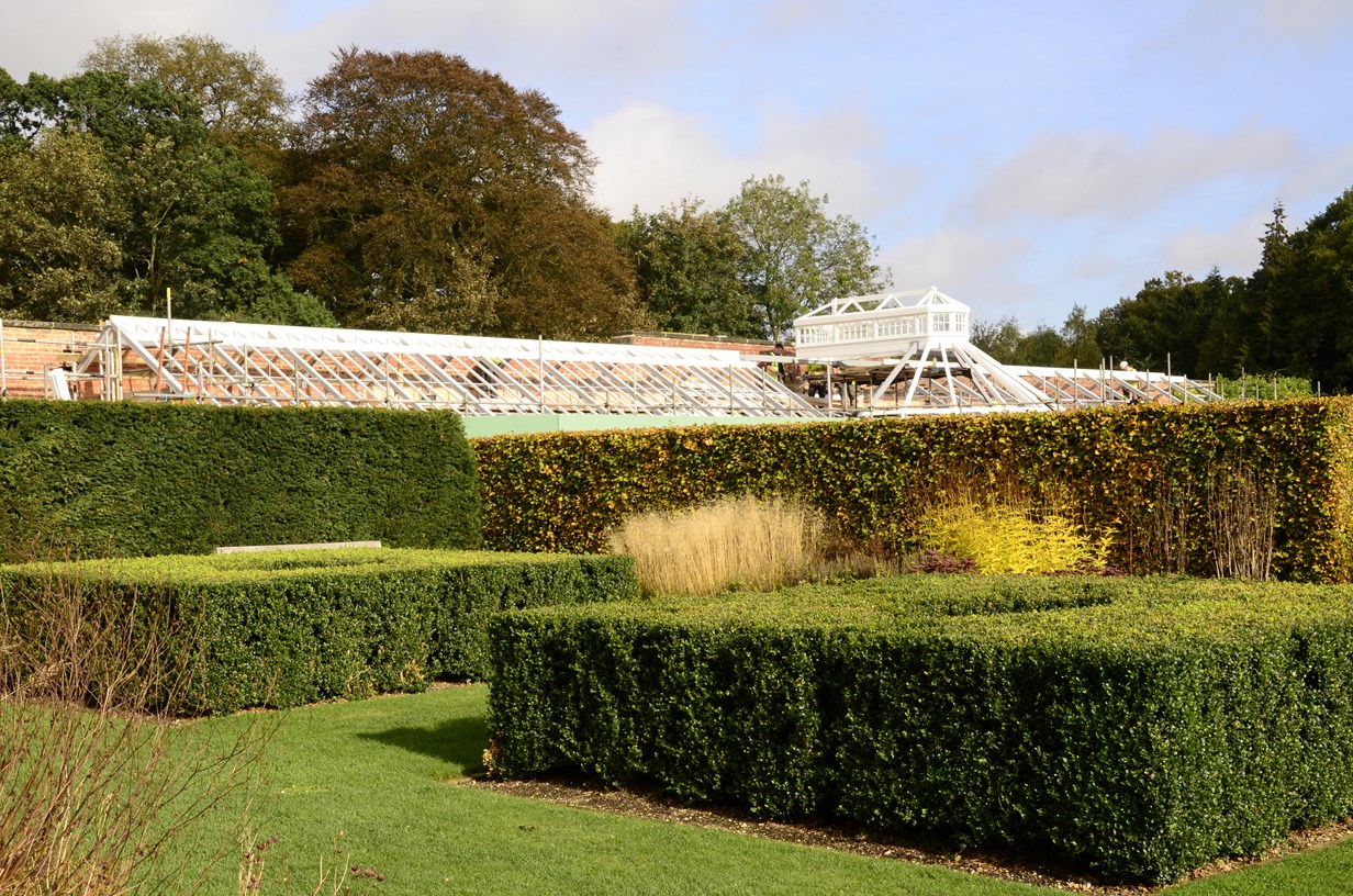 Scampston conservatory rises once again above the hoardings and can be seen from the walled garden